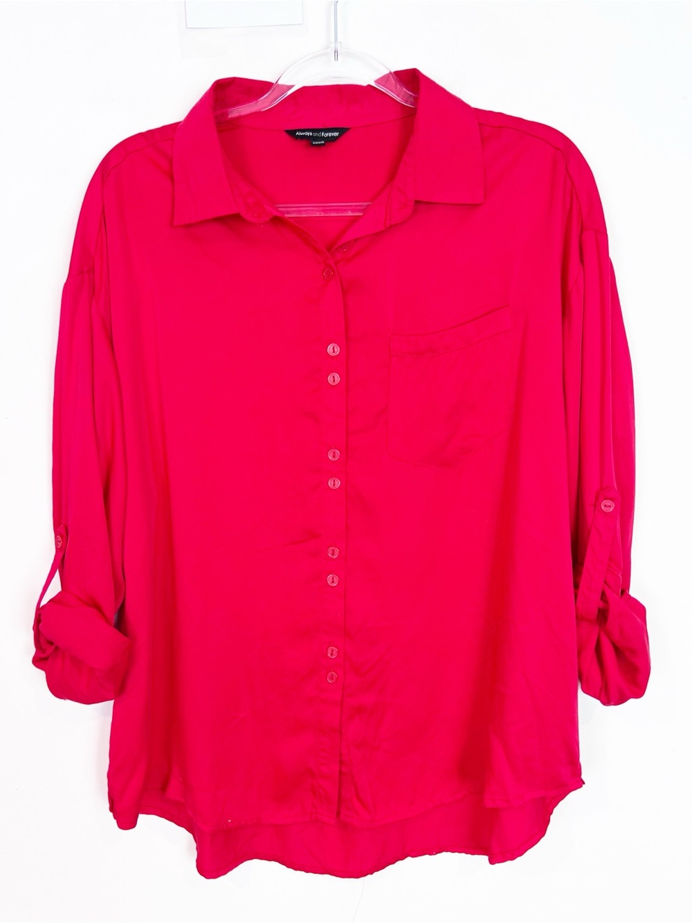 ALWAYS AND FOREVER RED LONG ROLL TAB SLEEVE BLOUSE SZ MEDIUM